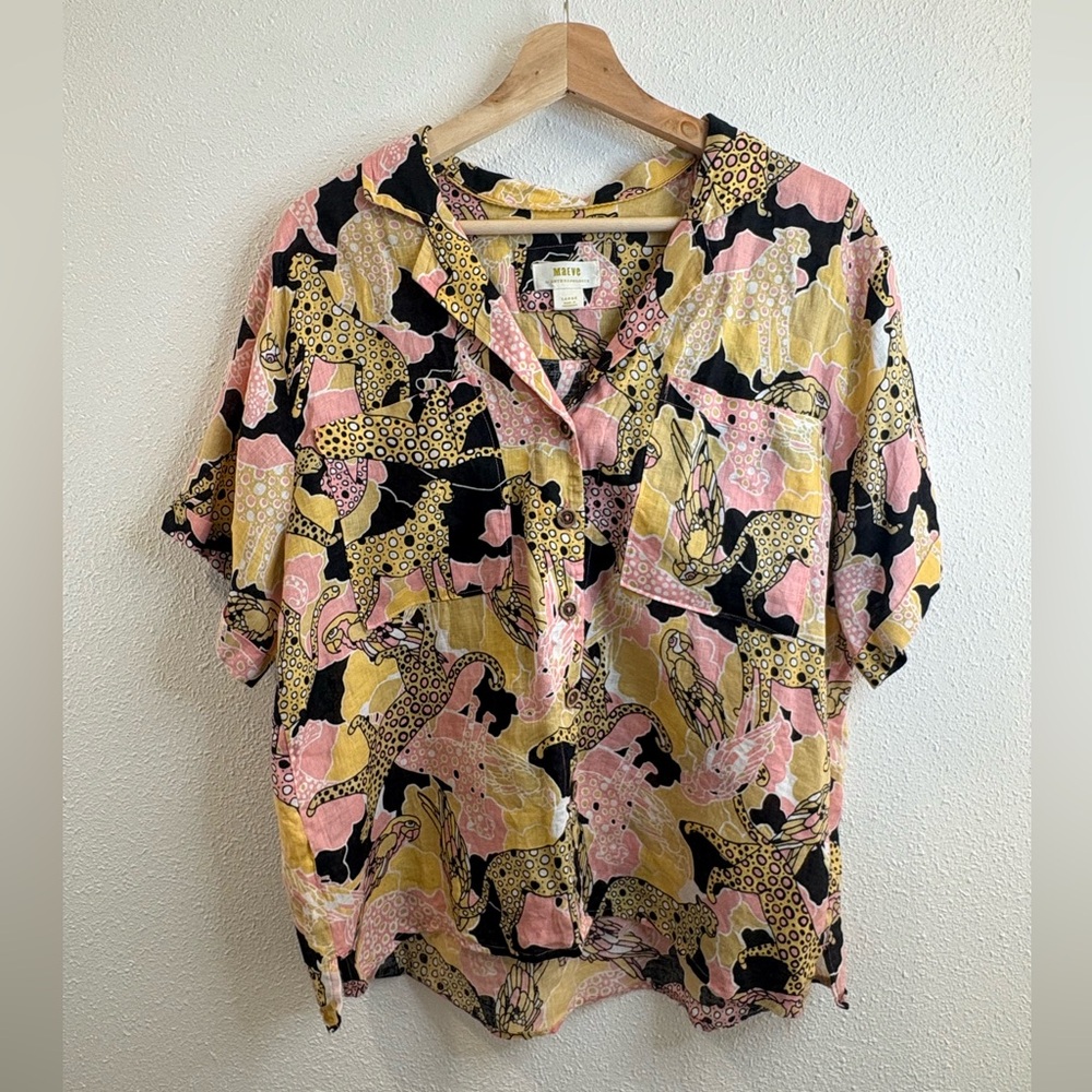 Maeve/Anthro Printed Buttondown Surf Shirt - Linen - Black/Pink/Yellow - Picture 5 of 8